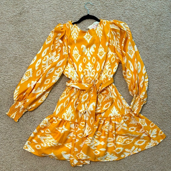 Flying Tomato Dresses & Skirts - Flying Tomato Mustard Yellow and White Ikat Long-Sleeve Dress